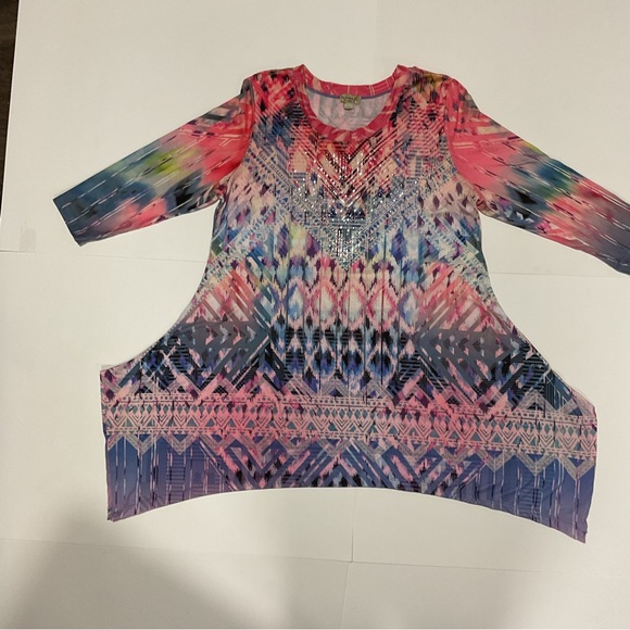 One World Women’s Top Colorful Stained Glass Geometric W/Rhinestones Cro… - Picture 2 of 11